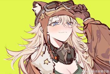 1girl animal_ear_headwear aviator_cap blonde_hair blue_eyes breasts brown_gloves brown_hat brown_jacket cleavage closed_mouth fake_animal_ears gloves goggles goggles_on_headwear green_background haibao_tangyuan hand_on_headwear hand_up hat jacket lilya_(reverse:1999) long_hair looking_at_viewer mask mask_around_neck oxygen_mask portrait reverse:1999 smile solo watermark weibo_watermark