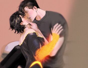 2boys absolute_batman absolute_dc absolute_superman arm_up batman_(series) black_bodysuit black_hair black_shirt blue_eyes blush bodysuit bruce_wayne crew_neck dc_comics eye_contact hand_on_another's_chin hand_on_another's_shoulder hashtag-only_commentary illuzyne imminent_kiss looking_at_another male_focus multiple_boys shirt short_sideburns short_sleeves superman superman_(series) t-shirt yaoi