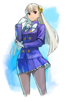1girl b_suke blonde_hair bow bowtie breasts capcom_fighting_jam commentary_request frown gloves grey_pantyhose highres ingrid_(capcom) jacket long_hair medium_breasts miniskirt pantyhose pleated_skirt purple_jacket red_eyes skirt solo white_bow white_bowtie white_gloves
