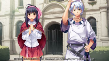 1boy 1girl ahoge aleph_coulson atelier-moo belt black_belt black_hair blush brown_eyes building bush clenched_hands closed_mouth collarbone collared_shirt company_name copyright_notice cowboy_shot embarrassed fence flower game_cg grey_pants hair_between_eyes hair_ribbon hand_on_own_head hand_on_own_hip hands_on_own_chest hat key large_variant_set leaf long_hair long_shirt long_sleeves looking_at_viewer miniskirt non-web_source official_art open_mouth pants pink_ribbon purple_hat purple_shirt red_shawl ribbon rose shawl sheela_sheffield shirt short_hair skirt smile standing striped_hat tachi-e tareme three-quarter_sleeves variant_set very_long_hair white_hair white_shirt window yellow_flower yellow_rose yuukyuu_gensoukyoku yuukyuu_gensoukyoku_revival