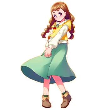 Rule 34 | 10s, 1girl, arisugawa himari, blush, braid, brown hair, cherry, female focus, food, fruit, highres, kirakira precure a la mode, long hair, looking at viewer, precure, red eyes, sayousuke, simple background, skirt, smile, solo, thick eyebrows, twin braids, white background