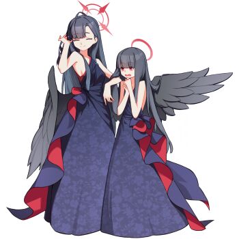 1beombeom 2girls ^_^ absurdres bare_shoulders black_hair black_wings blue_archive closed_eyes dress feathered_wings halo highres ichika_(blue_archive) justice_task_force_member_(blue_archive) long_hair low_wings multiple_girls red_halo white_background wings