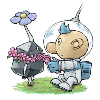 Rule 34 | 1boy, alph (pikmin), backpack, bag, big nose, black eyes, black skin, blue bag, blue gloves, blue hair, closed mouth, colored skin, commentary request, face-to-face, flower, flower necklace, freckles, full body, gloves, helmet, jewelry, looking at another, male focus, naru (wish field), necklace, nintendo, no mouth, on grass, pikmin (creature), pikmin (series), pikmin 3, pink flower, purple flower, radio antenna, rock, rock pikmin, short hair, simple background, sitting, smile, space helmet, spacesuit, very short hair, white background