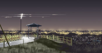 Rule 34 | 1girl, bad id, bad pixiv id, black hair, city lights, cityscape, female focus, from behind, grass, horizon, lamppost, lens flare, night, original, railing, scenery, school uniform, serafuku, shiira, short hair, solo, standing