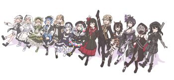 6+girls :d animal_ear_headphones animal_ears aroha_j asymmetrical_footwear asymmetrical_legwear bandaged_arm bandages beret black_boots black_capelet black_cloak black_dress black_hat black_hood black_kimono black_pants black_pantyhose black_shoes blonde_hair blue_hair blue_skirt boots capelet cat_ear_headphones cat_ears cloak closed_eyes crown dancing deerstalker dress everyone eyeball_hair_ornament fake_animal_ears flower flower-trimmed_dress frilled_dress frills goggles goggles_on_headwear gothic_lolita gradient_hair green_bonnet green_shoes grey_hair gun hair_flower hair_ornament hairband hasumi_leia hat headphones high_kick highres hikami_meruru housho_margo japanese_clothes jogasaki_noah kicking kimono kurobe_nanoka lolita_fashion lolita_hairband mahou_shoujo_no_majo_saiban multicolored_hair multiple_girls natsume_an-an nikaido_hiro open_mouth pants pantyhose pink_hair plaid_clothes plaid_skirt purple_dress red_flower rifle saeki_miria sakuraba_ema sawatari_coco sheath sheathed shito_alisa shoes simple_background single_leg_pantyhose skirt slippers smile socks striped_clothes striped_socks tachibana_sherry thigh_strap tono_hanna top_hat veil weapon white_background white_dress white_flower white_hair white_pantyhose white_shoes white_slippers white_veil x_hair_ornament