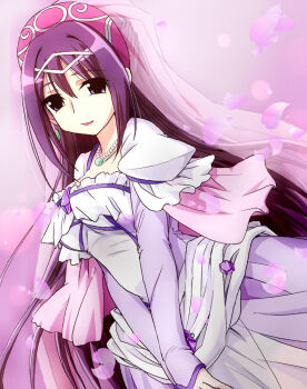 Rule 34 | 1girl, breasts, collarbone, commentary request, dress, gem, hairband, jewelpet (series), jewelpet twinkle, juliet sleeves, long hair, long sleeves, medium breasts, neckerchief, parted lips, petals, pink petals, puffy sleeves, purple background, purple dress, purple eyes, purple gem, purple hair, purple hairband, purple neckerchief, shimamura yuu, smile, solo, totoka, two-tone dress, v arms, very long hair, white dress