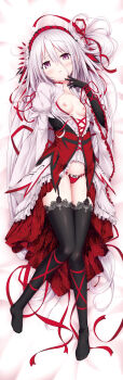 1girl absurdly_long_hair absurdres bed_sheet black_gloves black_thighhighs bow bow_panties breasts cleavage commentary_request cura dakimakura_(medium) dress elbow_gloves farushu_lamia_valentine from_above full_body garter_straps gloves gothic_delusion hair_ornament hair_ribbon hairband headdress highres incredibly_absurdres long_hair lying nipples on_back panties parted_lips photoshop_(medium) purple_eyes red_hairband red_panties red_ribbon ribbon small_breasts solo thighhighs underwear very_long_hair white_hair