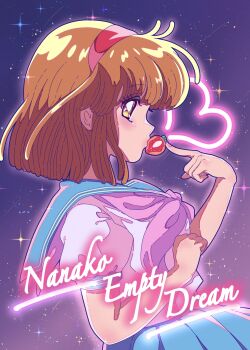 1girl blue_sailor_collar blue_skirt brown_eyes brown_hair commentary_request english_text food from_side fruit hairband hand_up heart highres looking_at_viewer looking_to_the_side medium_hair nanako_(nanako_sos) nanako_sos neckerchief nka_46 pink_neckerchief pleated_skirt red_hairband sailor_collar school_uniform serafuku shirt sideways_glance skirt sky solo star_(sky) starry_sky strawberry strawberry_kiss upper_body white_shirt