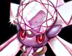 1girl animal_ears black_background blurry chest_jewel closed_mouth colored_sclera colored_skin depth_of_field diancie female_focus gem gen_6_pokemon happy legendary_pokemon long_hair looking_at_viewer mythical_pokemon neverland+ nintendo pink_gemstone pink_hair pokemon pokemon_(creature) portrait purple_skin red_eyes red_sclera simple_background smile solo sparkle twintails