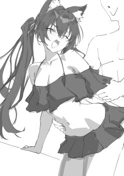 1boy 1girl animal_ear_fluff animal_ears bikini blue_archive blush breasts cat_ears ei_(eiei_e1) frilled_bikini frills grabbing_another's_arm greyscale highres long_hair monochrome navel one_eye_closed open_mouth sensei_(blue_archive) serika_(blue_archive) serika_(swimsuit)_(blue_archive) sex sex_from_behind simple_background small_breasts swimsuit teeth tongue torso_grab twintails upper_teeth_only