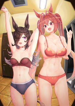 2girls abs absurdres arm_under_breasts arm_up armpits bra breasts brown_hair cameltoe ceiling ceiling_light daiwa_scarlet_(umamusume) fang fisheye gluteal_fold hair_between_eyes hair_intakes hair_over_one_eye hand_up highres index_finger_raised indoors large_breasts legs_apart long_hair looking_at_another medium_breasts multiple_girls navel open_mouth outstretched_arm panties pink_hair purple_eyes red_bra red_panties rice_shower_(umamusume) side-by-side skin_fang smile standing stomach strapless strapless_bra toned toned_female tsukumogenji twintails umamusume underwear underwear_only very_long_hair watermark wooden_floor