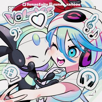 2girls absurdres aqua_eyes aqua_hair artist_name beanie blush closed_eyes closed_mouth collared_shirt cuddling gen_5_pokemon green_hair hair_between_eyes hair_ribbon hat hat_ornament hatsune_miku headphones highres legendary_pokemon meloetta multicolored_hair multiple_girls musical_note musical_note_hat_ornament mythical_pokemon nintendo official_alternate_costume official_alternate_hairstyle one_eye_closed open_mouth poke_ball_print poke_ball_symbol pokemon pokemon_(creature) polo_shirt project_voltage psychic_miku_(project_voltage) ribbon shirt short_sleeves smile sunao_saito twitter_username vocaloid white_hat white_shirt