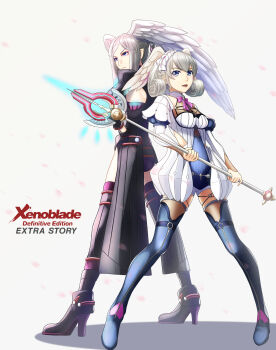 2girls absurdres blue_eyes braid breasts cape crown_braid curly_hair dress fingerless_gloves gem gloves hat head_wings highres juliet_sleeves large_breasts long_hair long_sleeves looking_at_viewer medium_breasts melia_antiqua multiple_girls o-ring polearm puffy_sleeves siblings silver_hair simple_background sisters smile spear sukkirito_(rangusan) thighhighs tyrea_(xenoblade) upper_body weapon white_background wings xenoblade_chronicles_1 xenoblade_chronicles:_future_connected xenoblade_chronicles_(series)