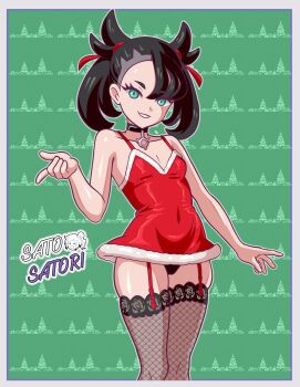 1girl absurdres artist_name asymmetrical_bangs black_choker black_hair black_panties border breasts choker christmas cleavage collarbone covered_navel cowboy_shot dress fishnet_thighhighs fishnets green_background green_eyes grin hair_ribbon hand_up highres looking_at_viewer marnie_(pokemon) nintendo orry9235 panties pokemon pokemon_swsh red_dress ribbon santa_costume santa_dress small_breasts smile solo thighhighs twintails undercut underwear white_border