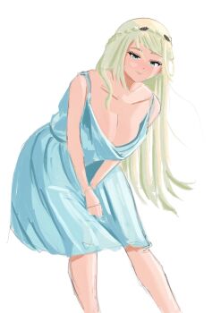 Rule 34 | 1girl, absurdres, blonde hair, blue dress, bob cut, braid, breasts, cleavage, closed mouth, clothes lift, commentary, crown braid, dress, dress lift, eiyuu densetsu, elaine auclair, english commentary, green eyes, hair between eyes, highres, kuro no kiseki (series), large breasts, long hair, looking at viewer, r thors, simple background, sketch, sleeveless, sleeveless dress, smile, solo, sundress, swept bangs, upper body, white background