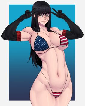 Rule 34 | 1girl, absurdres, alternate costume, american flag, american flag bikini, american flag print, bikini, black gloves, black hair, breasts, chainsaw man, closed mouth, commentary, double v, elbow gloves, facial scar, flag print, flag print bikini, gloves, highres, large breasts, light smile, limn044, micro bikini, navel, print bikini, scar, scar on cheek, scar on face, scar on nose, solo, swimsuit, v, yellow eyes, yoru (chainsaw man)