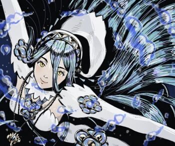 1girl azura_(fire_emblem) blue_hair breasts closed_mouth fire_emblem fire_emblem_fates from_above hair_between_eyes jewelry long_hair looking_at_viewer looking_up medium_breasts nintendo pendant seruleanne solo veil very_long_hair yellow_eyes
