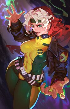1girl bodysuit breasts brown_hair brown_jacket commentary covered_abs english_commentary green_bodysuit jacket large_breasts long_hair marvel multicolored_bodysuit multicolored_hair rim_jims rogue_(x-men) solo toned toned_female two-tone_bodysuit two-tone_hair white_hair x-men yellow_bodysuit