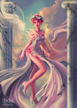1girl absurdres artist_name blurry blurry_foreground cloud colored_skin commentary dress english_commentary freckles full_body head_wreath high_heels highres indicreates lore_olympus outdoors persephone_(lore_olympus) pink_eyes pink_hair pink_skin short_hair solo white_dress