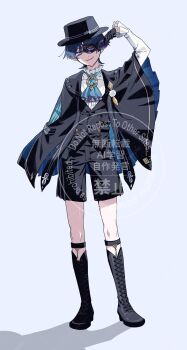 1boy alternate_costume arm_at_side arm_up ascot black_boots black_cloak black_gloves black_hair black_hat black_mask black_shorts black_vest blue_ascot blue_cloak blue_gemstone blunt_ends boater_hat boots brooch cat_mask cloak collar collared_shirt commentary_request domino_mask eye_mask eyeliner eyeshadow feathers formal_clothes frilled_ascot frilled_collar frilled_sleeves frills full_body gem genshin_impact gloves gold half_gloves hat highres holding holding_mask jewelry knee_boots lace-up_boots lapels layered_ascot long_sleeves looking_at_viewer makeup male_focus mask mask_over_one_eye nenemm pom_pom_(clothes) purple_ascot purple_eyes red_eyeliner red_eyeshadow sample_watermark scaramouche_(genshin_impact) shadow shirt shorts smirk solo standing tsurime two-sided_cloak two-sided_fabric undershirt vest wanderer_(genshin_fes_2026)_(genshin_impact) wanderer_(genshin_impact) watermark watermark_grid white_background white_shirt white_sleeves yellow_feathers