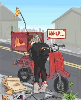 1girl accidental_exposure ass bag bent_over black_pants black_pantyhose blue_sky building cellphone charm_(object) clothes_lift commentary_request day dropping english_text failure food from_behind highres key motor_vehicle motorcycle on_scooter original outdoors pants pantyhose paper_bag phone pizza pizza_box pizza_slice qoni321 road scooter shoes sky smartphone sneakers solo speech_bubble street struggling stuck tiptoes underwear