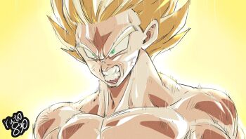 1boy aura blonde_hair clenched_teeth commentary dragon_ball dragonball_z english_commentary engrish_commentary furrowed_brow green_eyes highres male_focus mixed-language_commentary muscular muscular_male pectorals portrait ruto830 serious signature solo son_goku super_saiyan super_saiyan_1 teeth