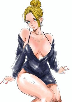 1girl blonde_hair breasts cleavage curvy dress earrings female_focus green_eyes hair_bun huge_breasts jewelry large_breasts long_hair long_sleeves looking_at_viewer mature_(kof) no_bra pale_skin sitting skirt the_king_of_fighters thick_thighs thighs tucon_b wide_hips
