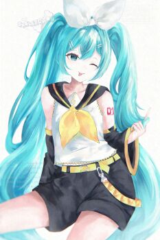 1girl absurdres aqua_eyes aqua_hair belt black_shorts black_sleeves bow commentary cosplay detached_sleeves hair_ornament hairclip hatsune_miku highres kagamine_rin kagamine_rin_(cosplay) long_hair neckerchief number_tattoo one_eye_closed parallel_hairclips shirt shorts simple_background skellychan sleeveless sleeveless_shirt tattoo tongue tongue_out treble_clef twintails untranslatable_commentary vocaloid white_background white_bow white_shirt yellow_belt yellow_neckerchief yellow_trim
