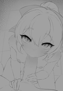 1boy 1girl absurdres breasts commentary english_commentary fellatio from_above greyscale hetero highres looking_at_viewer monochrome nipples nude open_mouth oral original penis ponytail pov pov_crotch small_breasts veins veiny_penis vesuvandrifter