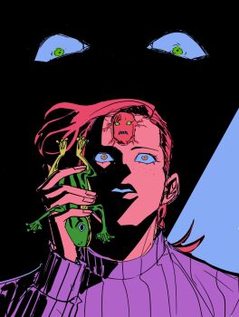 2boys animal commentary diavolo english_commentary epitaph_(jojo) freckles frog green_eyes highres holding holding_animal holding_frog jojo_no_kimyou_na_bouken long_hair long_sleeves looking_at_viewer male_focus multiple_boys ohjojosis_amen parted_lips pink_hair purple_sweater ribbed_sweater shadow single_hair_intake solo stand_(jojo) sweater teeth turtleneck turtleneck_sweater vento_aureo vinegar_doppio yellow_eyes