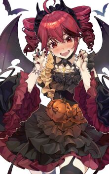 1girl absurdres ahoge bat_(animal) benkeinazuna black_dress black_flower black_hair black_sleeves black_thighhighs blush bracelet claw_pose commentary_request dress drill_hair fang fingernails flower frilled_sleeves frills garter_straps hair_between_eyes highres jewelry kasane_teto kasane_teto_(halloween) long_fingernails looking_at_viewer multicolored_hair multiple_rings red_eyes red_hair red_nails ring sharp_fingernails smile solo streaked_hair thighhighs tongue twin_drills utau white_background