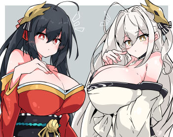 2girls ahoge azur_lane bare_shoulders bird_mask black_hair blush breasts closed_mouth commentary earrings hair_between_eyes hair_intakes hair_ornament hakuhou_(azur_lane) huge_breasts japanese_clothes jewelry kimono long_hair looking_at_viewer mask mask_on_head multiple_girls nejirehifumi open_mouth red_eyes red_kimono shiny_skin siblings simple_background sisters taihou_(azur_lane) very_long_hair white_hair white_kimono yellow_eyes