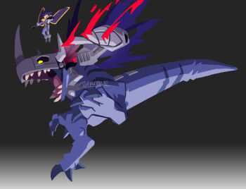 Rule 34 | blue scales, claws, digimon, digimon (creature), digimon adventure 02, digimon kaiser, full body, gero rivera, gradient background, grey background, helmet, mechanical arms, metalgreymon (virus), open mouth, red hair, sharp teeth, short hair, simple background, single mechanical arm, solo focus, teeth