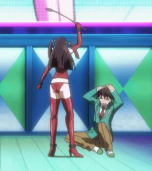 Rule 34 | 00s, 1boy, 1girl, animated, animated gif, aono tsukune, bdsm, dominatrix, femdom, lowres, rosario+vampire, toujou ruby, whip, whipping