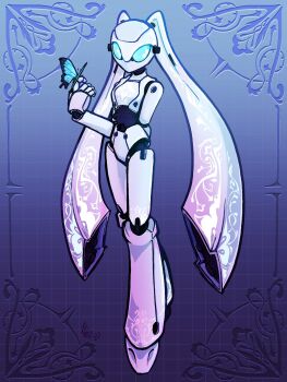 1girl arms_behind_back birderomurder blue_eyes bug butterfly butterfly_on_hand colored_skin drossel_von_flugel fireball_(series) highres humanoid_robot insect joints mechanical_hair no_mouth robot robot_girl robot_joints twintails white_skin