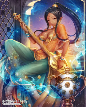 1girl arabian_clothes bindi bra bracelet choker cloud dark dark-skinned_female dark_skin earrings female_focus green_eyes harem_pants hobak indian_clothes instrument jewelry long_hair looking_at_viewer monster_girl pants playing pointy_ears ponytail ponytail_holder see-through_clothes sitting sky smile solo star_(symbol) sunset tenkuu_no_crystalia tower underwear