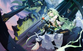 1girl absurdres apple bare_shoulders black_gloves black_pantyhose claw_ring cloud cloudy_sky cross crown daxieshen_huashi feet food foot_focus from_below fruit full_body gloves green_eyes green_hair green_nails highres holding holding_food holding_fruit honkai_(series) honkai_impact_3rd long_hair mobius_(honkai_impact) nail_polish no_shoes outdoors pantyhose single_sleeve sky slit_pupils soles stirrup_legwear toeless_legwear toenail_polish toenails toes tongue tongue_out yellow_eyes