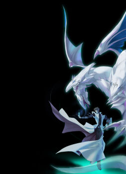 Rule 34 | 1boy, arm belt, black background, black pants, black shirt, blue-eyes white dragon, brown hair, card, coat, dragon, duel disk, duel monster, flying, glowing, high contrast, holding, holding card, kaiba seto, male focus, open clothes, open coat, outstretched arms, pants, popped collar, roaring, shirt, sleeveless, sleeveless coat, tom (leciel2010), turning around, turning head, white coat, wind, wrist cuffs, yu-gi-oh!, yu-gi-oh! duel monsters