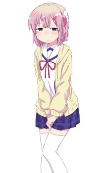 1girl between_legs blue_eyes blue_skirt blush chiyoda_momo closed_mouth drawstring embarrassed female_focus hair_ornament hairclip half-closed_eyes hand_between_legs hood hood_down hooded_jacket jacket long_sleeves looking_at_viewer machikado_mazoku miniskirt neck_ribbon nose_blush own_hands_together pink_hair plaid_clothes plaid_skirt pleated_skirt pocket ponnu_(tnpn2yw) raised_eyebrows red_ribbon ribbon school_uniform shirt short_hair sidelocks skirt solo standing thighhighs v_arms wavy_mouth white_shirt white_thighhighs yellow_jacket