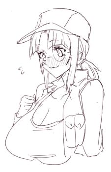 Rule 34 | blush, breasts, cleavage, crop top, field cap, fio germi, glasses, hat, madsensei, metal slug, military, nervous smile, round eyewear, smile, solo, white background