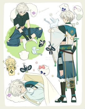 1boy absurdres animal animal_on_head black_shirt black_shoes blanket border bow bowtie breasts brown_border cat chibi closed_eyes cloud commentary covering_with_blanket cropped_shirt drone facing_away ghost grass green_eyes heterochromia highres indian_style japanese_clothes kariginu looking_at_animal male_focus moku_(kedr2558) multiple_views murakumo_kagetsu murakumo_kagetsu_(1st_costume) nijisanji no_shoes on_head otomo_(hoshirube_sho) otomo_(inami_rai) otomo_(koyanagi_rou) pillow pink_bow pink_bowtie purple_eyes shirt shoes short_hair simple_background sitting sleeping_on_animal socks twitter_username upper_body virtual_youtuber watakumo_(murakumo_kagetsu) watermark white_background white_hair white_socks