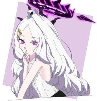 1girl absurdres alternate_costume alternate_hairstyle armpits black_halo black_horns blue_archive commentary_request covering_own_mouth demon_girl demon_horns dress finger_to_mouth frilled_dress frills fuwafuwata_ame89 hair_ornament halo hand_over_own_mouth highres hina_(blue_archive) horns long_hair looking_at_viewer multicolored_halo multiple_horns open_mouth purple_background purple_eyes purple_halo shushing simple_background sleeveless solo very_long_hair white_background white_dress white_hair