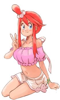 Rule 34 | 1girl, bare shoulders, blue eyes, breasts, closed mouth, collarbone, female focus, hair between eyes, hair ornament, large breasts, looking at viewer, midriff, navel, nintendo, pokemon, pokemon bw, pokemon masters ex, red hair, shorts, sidelocks, skyla (pokemon), skyla (summer 2025) (pokemon), smile, solo, white background