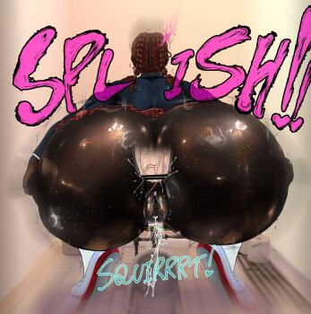 ass black_diamond_(rebis) cleft_of_venus dark-skinned_female dark_skin facing_away female_ejaculation highres huge_ass miniskirt oiled original pussy pussy_juice rebis school_uniform shiny_skin skirt squatting tagme thong toilet