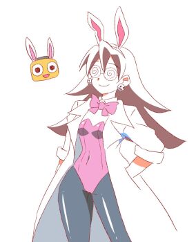 1boy 1girl alternate_costume animal_ears black_pantyhose bow bowtie brown_hair coke-bottle_glasses covered_navel cowboy_shot earrings floating_head glasses hair_down hands_in_pocket highres jewelry lab_coat leotard mega_man_(series) mega_man_legends_(series) nobuyu_(77yusei) pantyhose pink_leotard playboy_bunny rabbit_ears robot servbot_(mega_man) simple_background sketch skull skull_earrings smile standing strapless strapless_leotard the_misadventures_of_tron_bonne tron_bonne_(mega_man) white_background