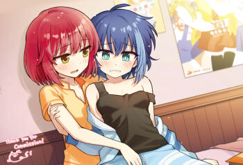2girls ame_demo_hare_demo aqua_eyes armpit_crease black_tank_top blue_hair blue_pants blush bright_pupils choppy_bangs collarbone commentary_request dot_nose dutch_angle fingering fingering_through_clothes hand_on_another&#039;s_arm heebee indoors jacket jacket_partially_removed looking_at_another multicolored_hair multiple_girls open_mouth orange_shirt pants pengin_ritsu poster_(object) raised_inner_eyebrows red_hair shirt shishimaru_airi short_hair short_sleeves sitting strap_slip streaked_hair tank_top thank_you through_clothes white_jacket white_pupils yellow_eyes yuri