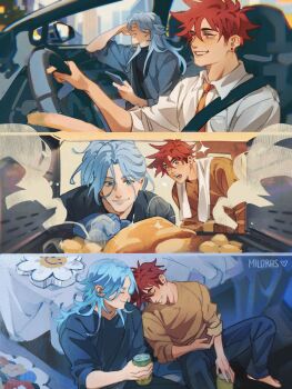 Rule 34 | 2boys, aged up, alternate hair length, alternate hairstyle, angrymiloras, blue hair, can, car interior, collared shirt, commentary, couple, driving, english commentary, grin, hasegawa langa, highres, holding, holding can, kyan reki, long hair, male focus, multiple boys, necktie, on floor, red hair, refrigerator interior, seatbelt, shirt, short hair, sideburns, sitting, sk8 the infinity, slice of life, smile, steering wheel, vehicle interior, white shirt, yaoi, yellow necktie