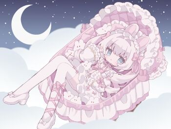 Rule 34 | 1girl, absurdres, animal ears, blue eyes, blush, bow, bowtie, commentary, crescent moon, dress, frilled hairband, frills, full body, hair intakes, hairband, highres, lolita fashion, long hair, long sleeves, looking at viewer, lying, moon, on back, open mouth, original, pink bow, pink bowtie, pink hairband, rabbit ears, romaji commentary, sky, solo, star (sky), starry sky, thighhighs, white dress, white hair, white thighhighs, yuino ruria