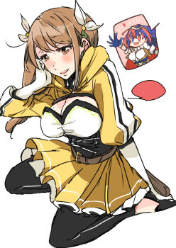 Rule 34 | 1girl, black corset, blue eyes, blue hair, braid, braided ponytail, breasts, brown hair, cleavage, corset, crossed bangs, crown braid, female alear (fire emblem), fire emblem, fire emblem engage, gloves, goldmary (fire emblem), hair ribbon, heterochromia, highres, hooded top, large breasts, long hair, looking at viewer, meba., medium breasts, mole, mole on breast, multicolored hair, nintendo, red eyes, red hair, ribbon, skirt, smile, solo focus, split-color hair, tiara, two-tone hair, white gloves, white ribbon, yellow eyes, yellow skirt