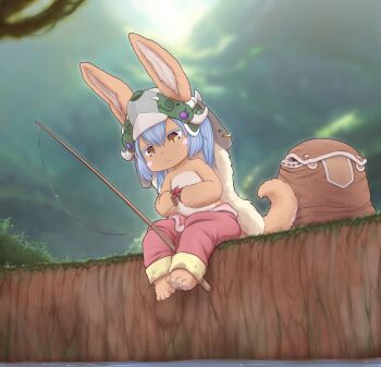 1other :3 animal_ears bag blue_hair brown_eyes commentary fishing_rod furry headgear highres kionant made_in_abyss nanachi_(made_in_abyss) other_focus puffy_pants sitting solo topless_other